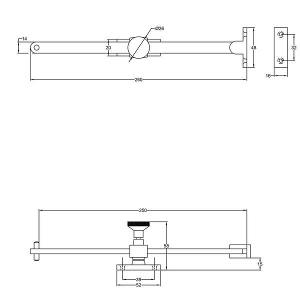  Tech drawing of Unlacquered Brass Sliding Casement Stay