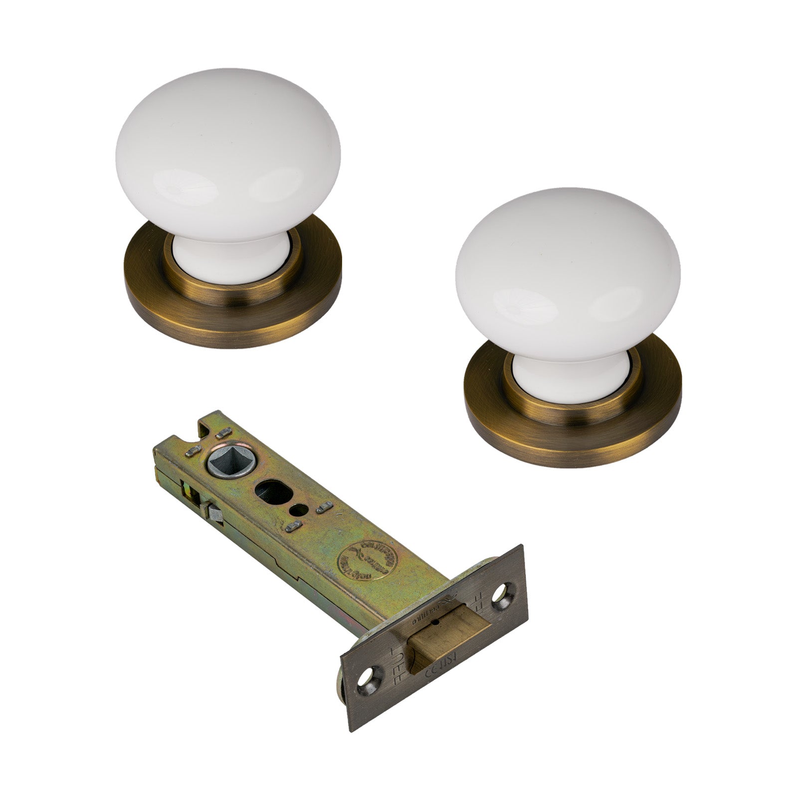 SHOW Plain White Porcelain Door Knob with Aged Brass Rose with 4 inch latch