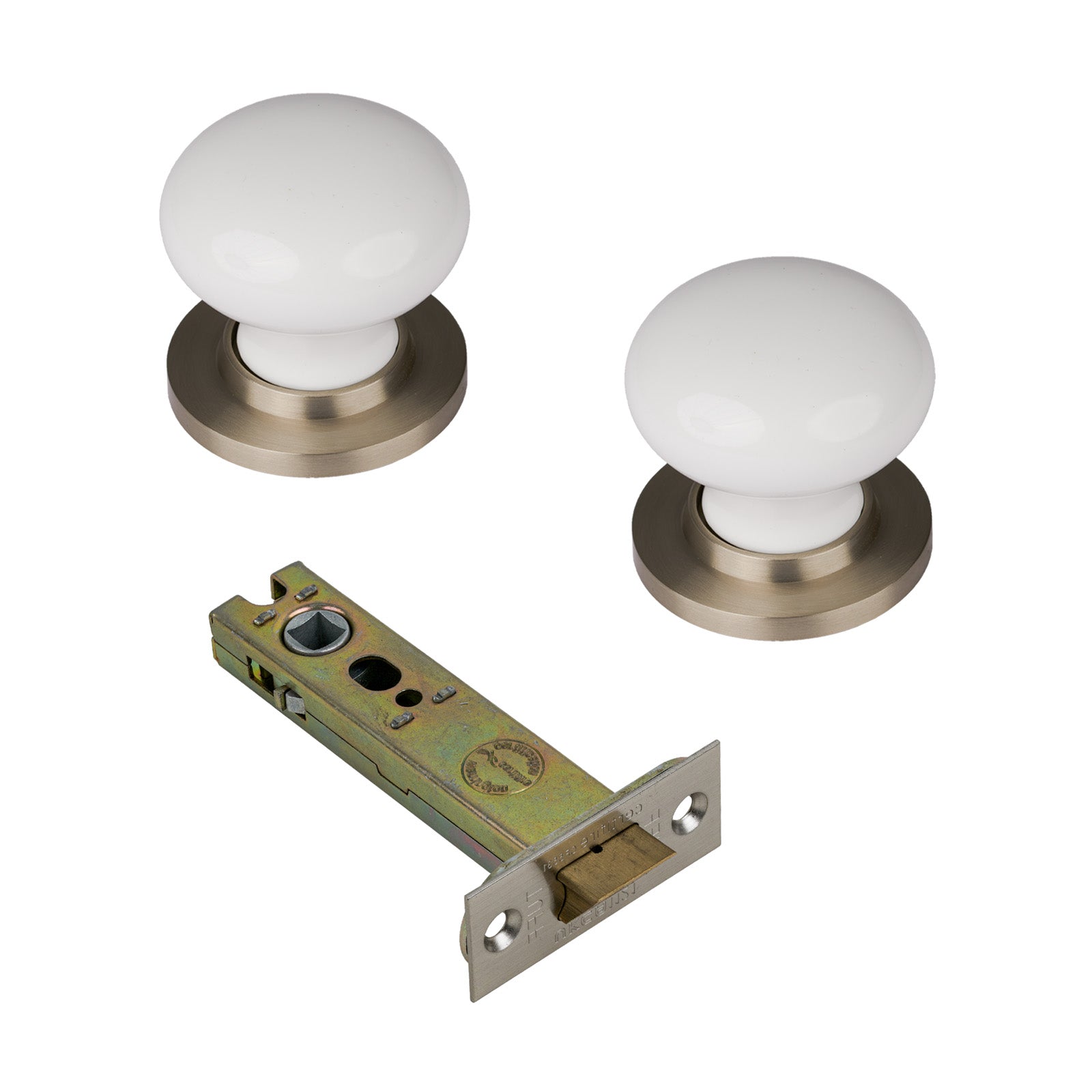 SHOW Plain White Porcelain Door Knob with Satin Nickel Rose with 4 inch latch