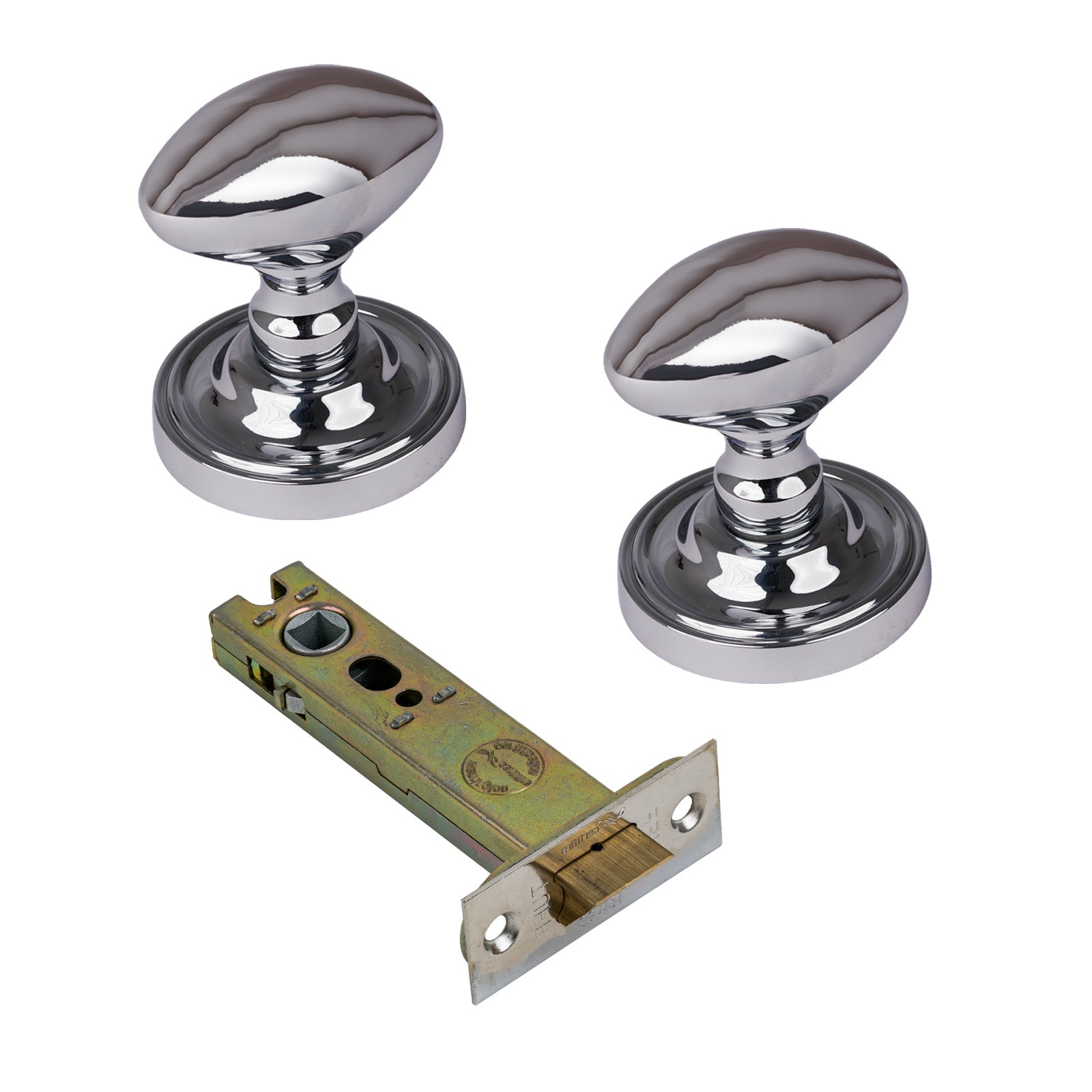 Chelsea Door Knob on Rose with Polished Chrome 4 inch latch set