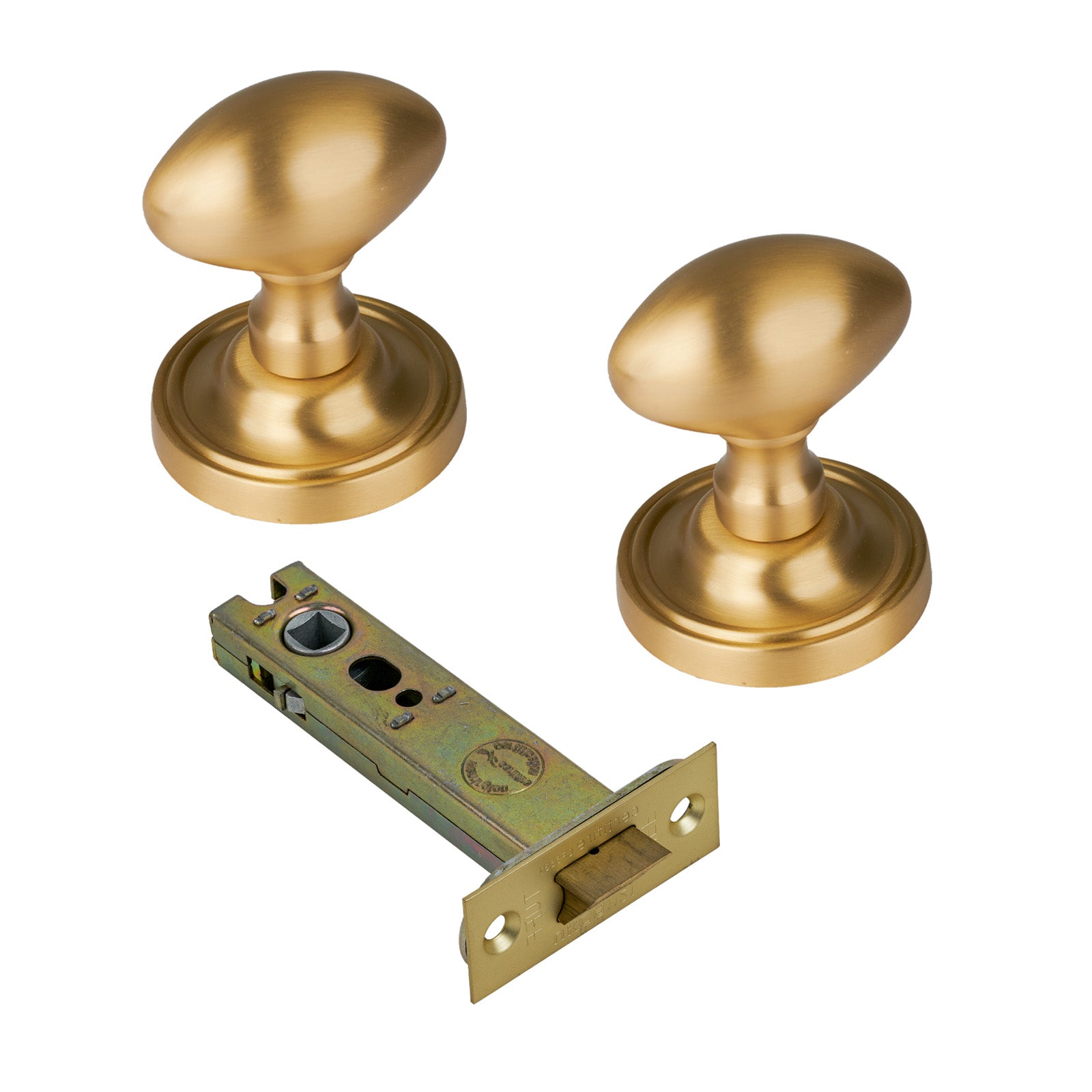 Chelsea Door Knob on Rose with Satin Brass 4 inch latch set