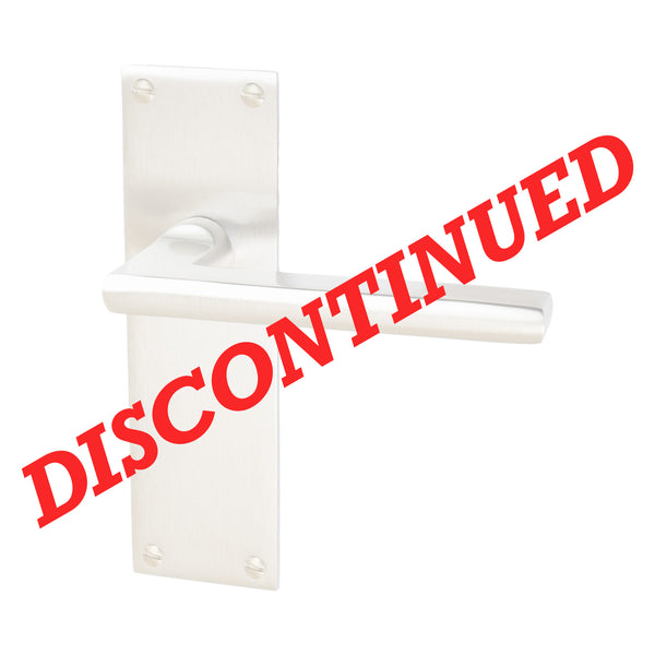  A white lever-handle door latch with a rectangular backplate, shown on a plain white background with a large red diagonal 'DISCONTINUED' text overlay.