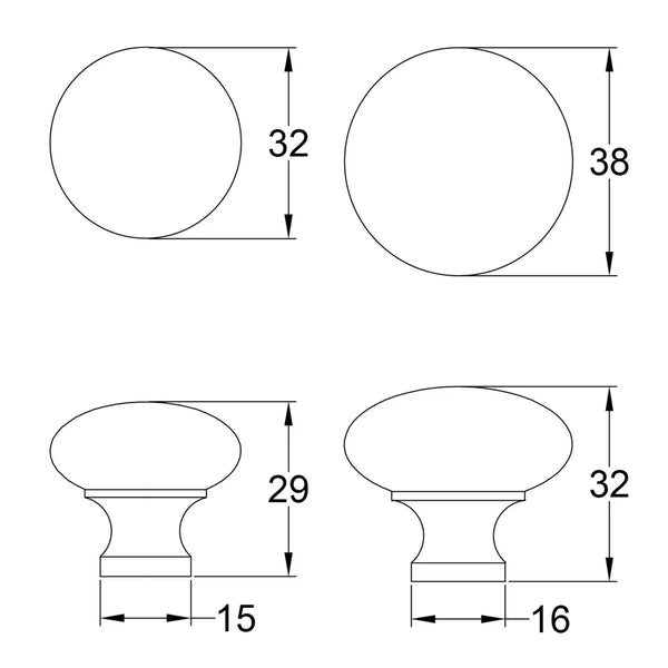  Tech drawing of Unlacquered Brass Victorian Round Cabinet Knob