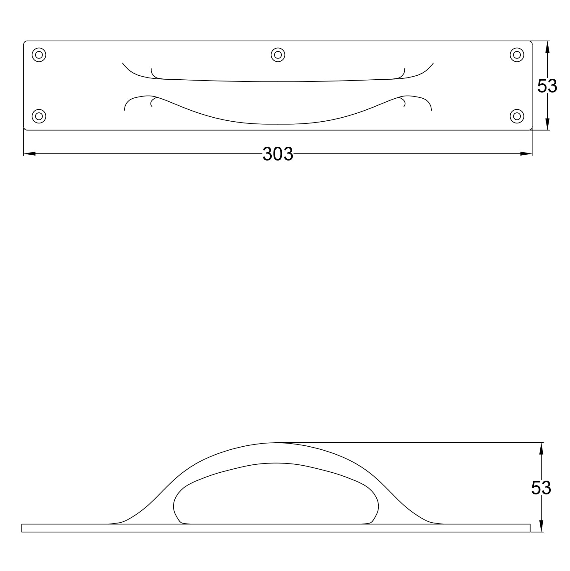 SHOW Technical Drawing of Door Pull Handle on Low Profile Back Plate
