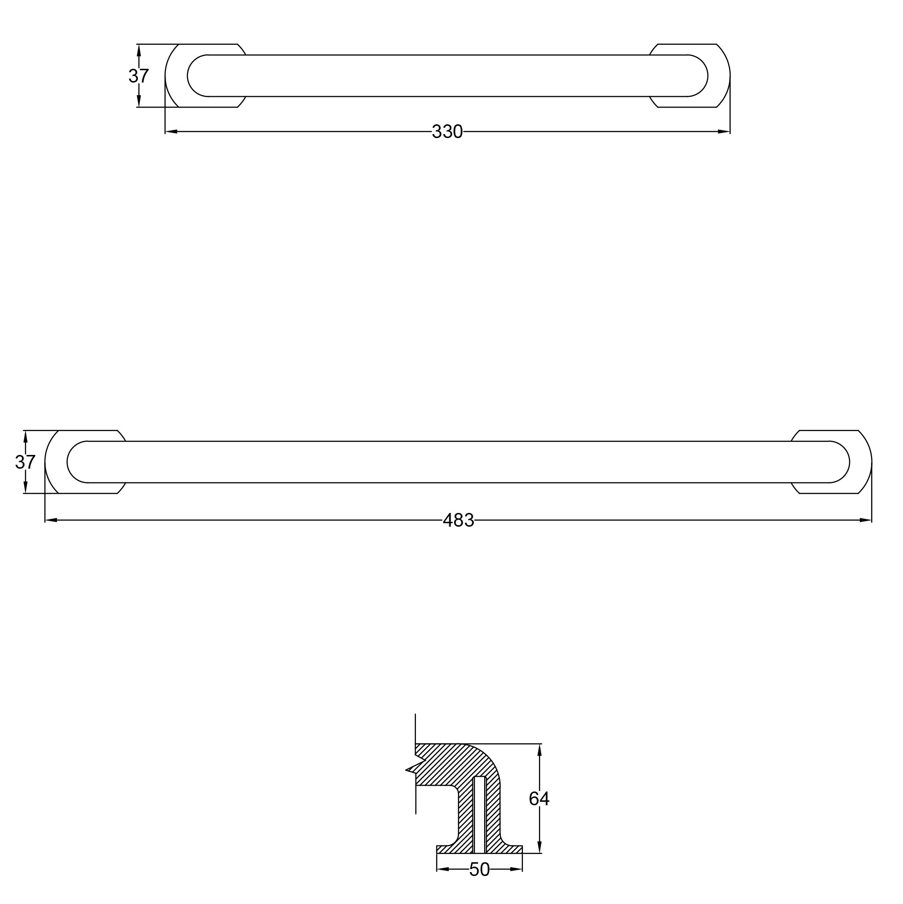 SHOW Technical Drawing of Large Traditional Door Pull Handle