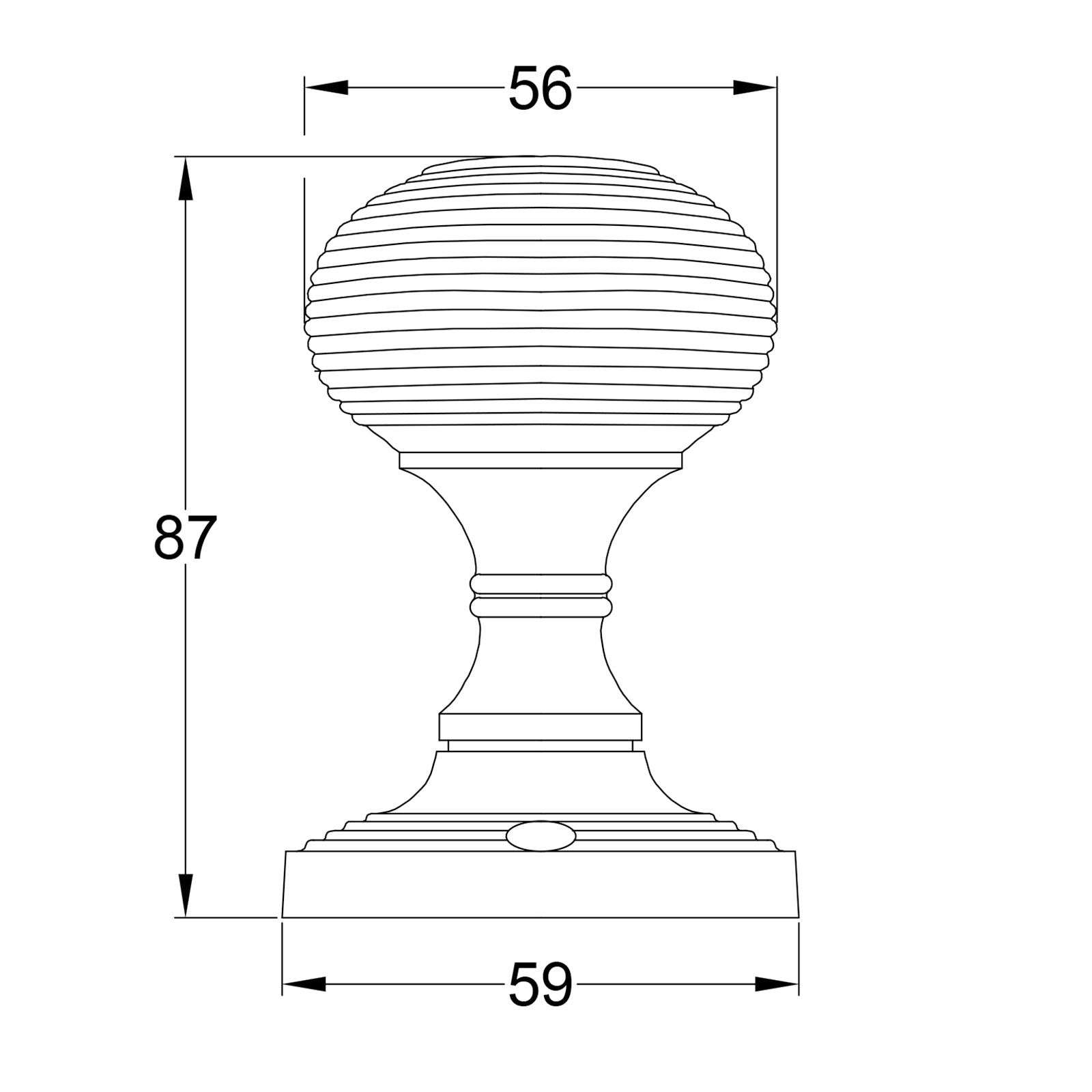 SHOW Technical Drawing of Reeded Door Knob on Rose