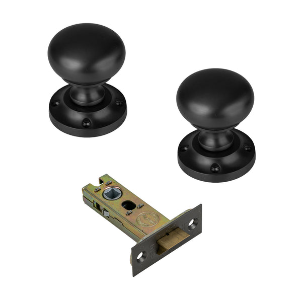  Victoria Door Knob on Rose In Matt Black 3 inch latch set