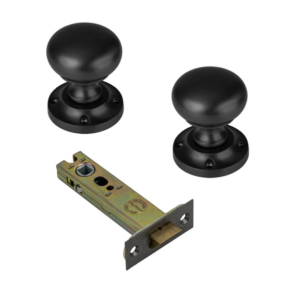  Victoria Door Knob on Rose In Matt Black 4 inch latch set