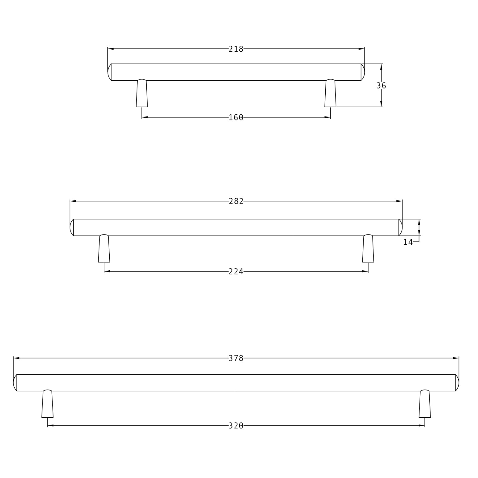 SHOW Technical drawing of T-Bar Cabinet Pull Handle