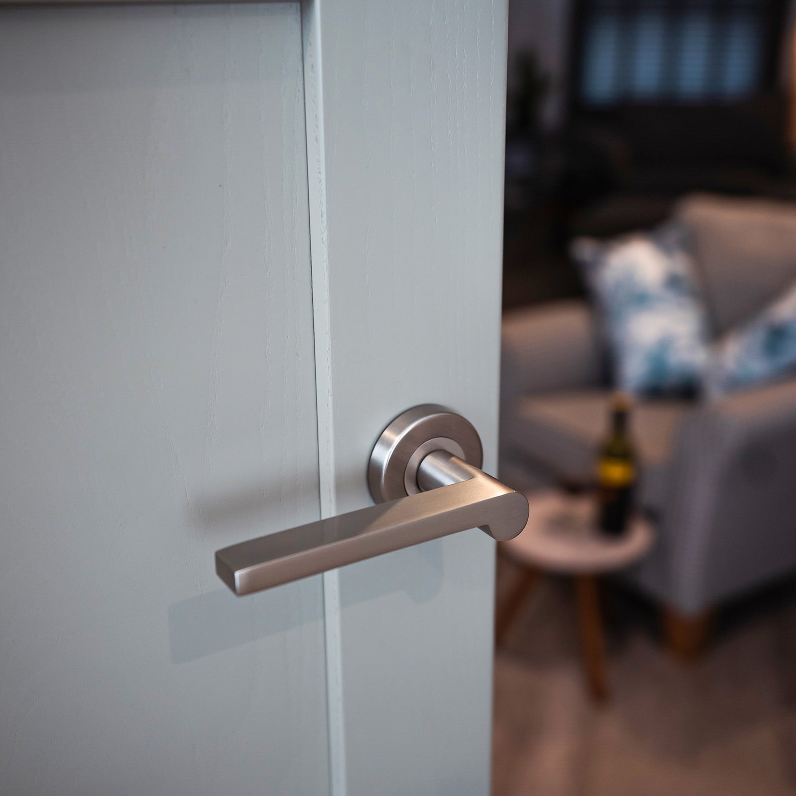 satin nickel round rose door handle, lever on rose concealed fixings SHOW