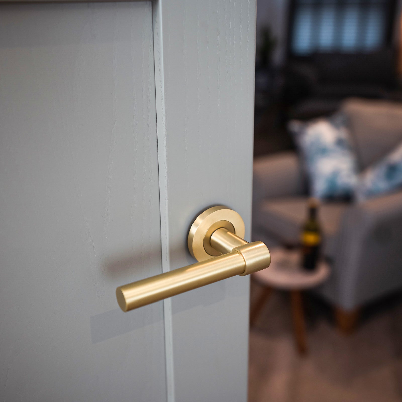 satin brass lever on rose door handle, designer handles SHOW