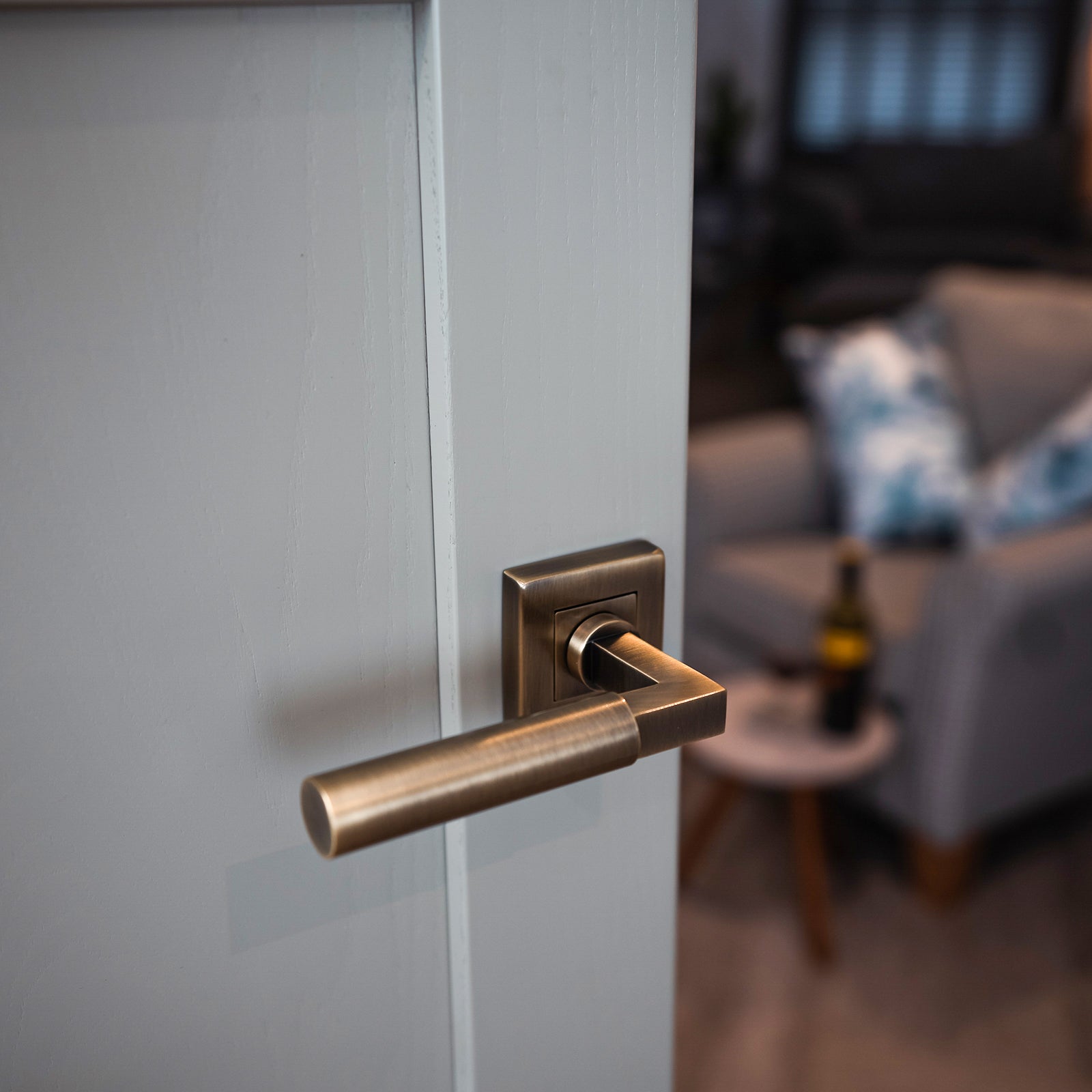 aged brass square rose door handle, modern lever on rose SHOW