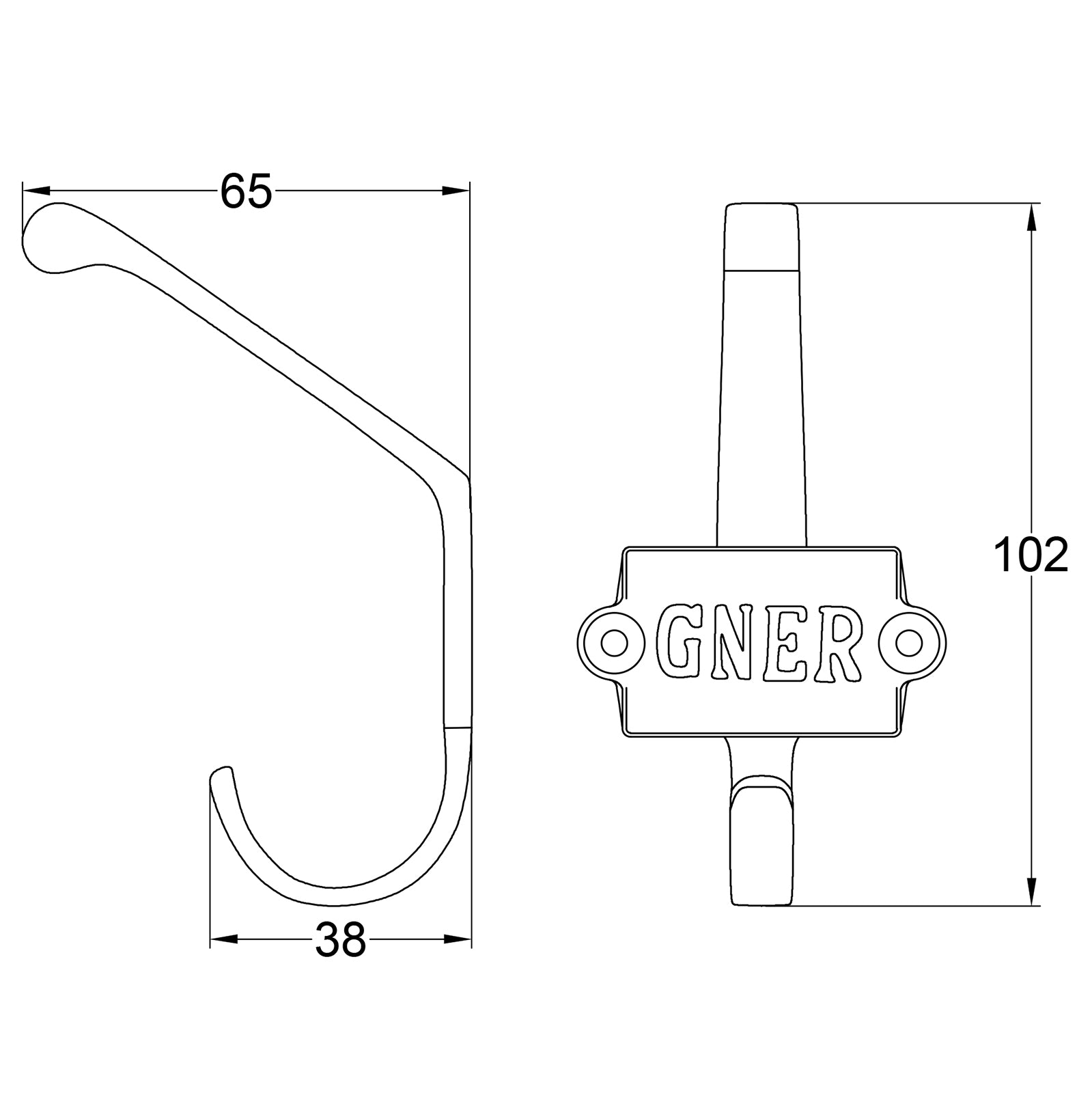 Dimension drawing for GNER coat hook SHOW