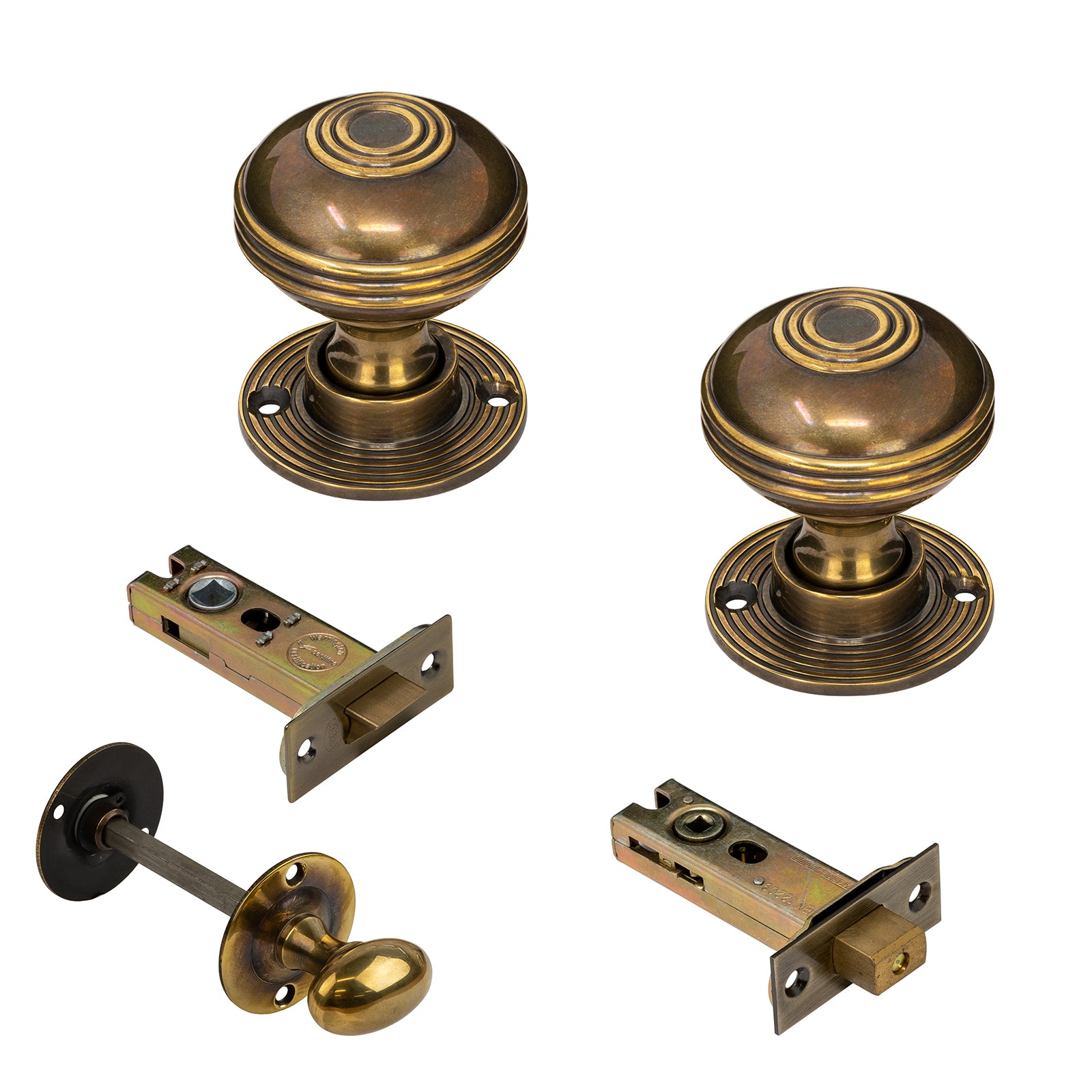 Ringed Antique Brass Door Knobs 3 inch Bathroom Set