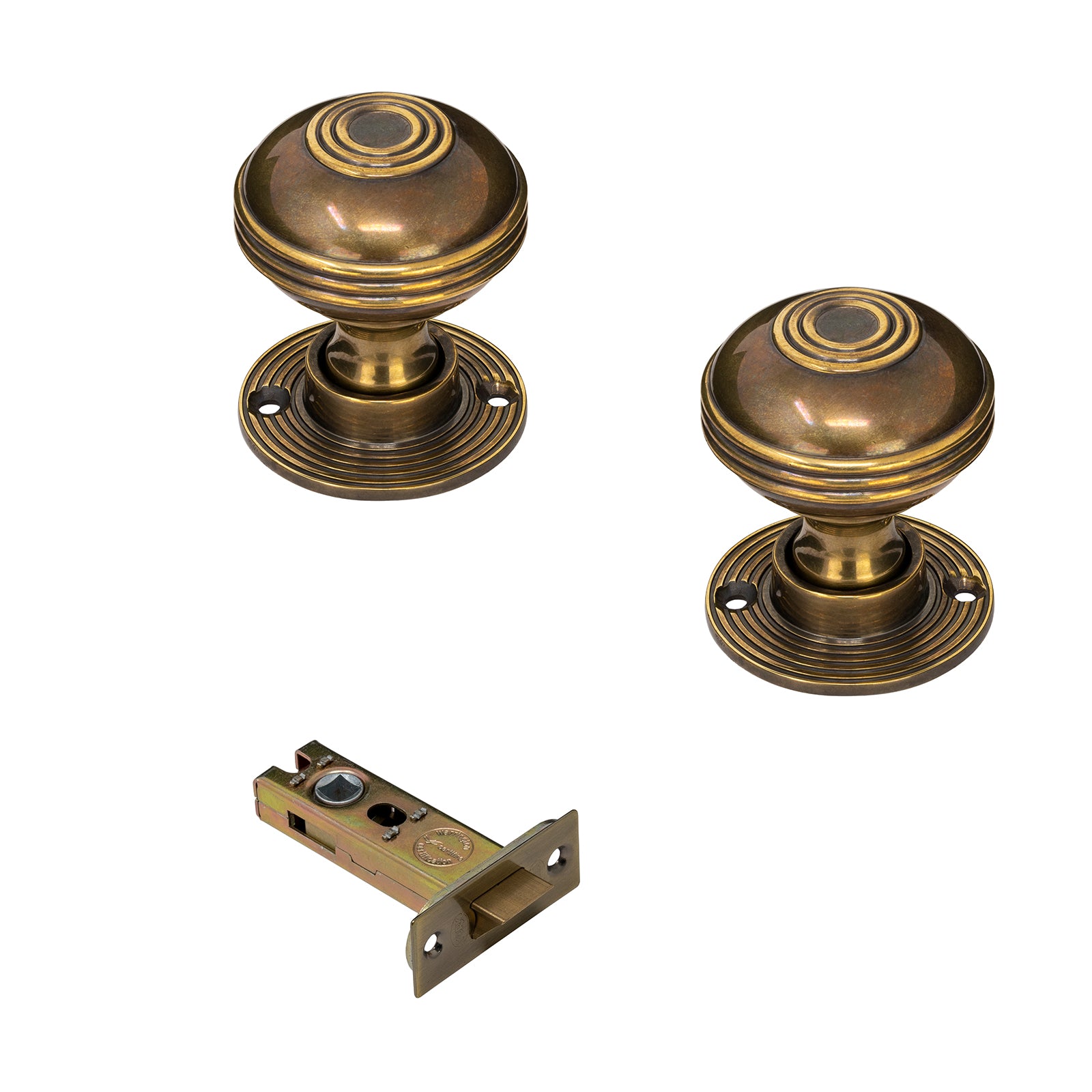 Ringed Antique Brass Door Knobs 3 inch Latch Set