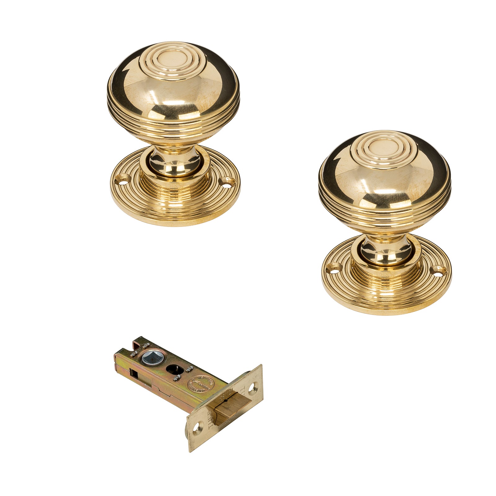 Ringed Brass Door Knobs 3 inch Latch Set