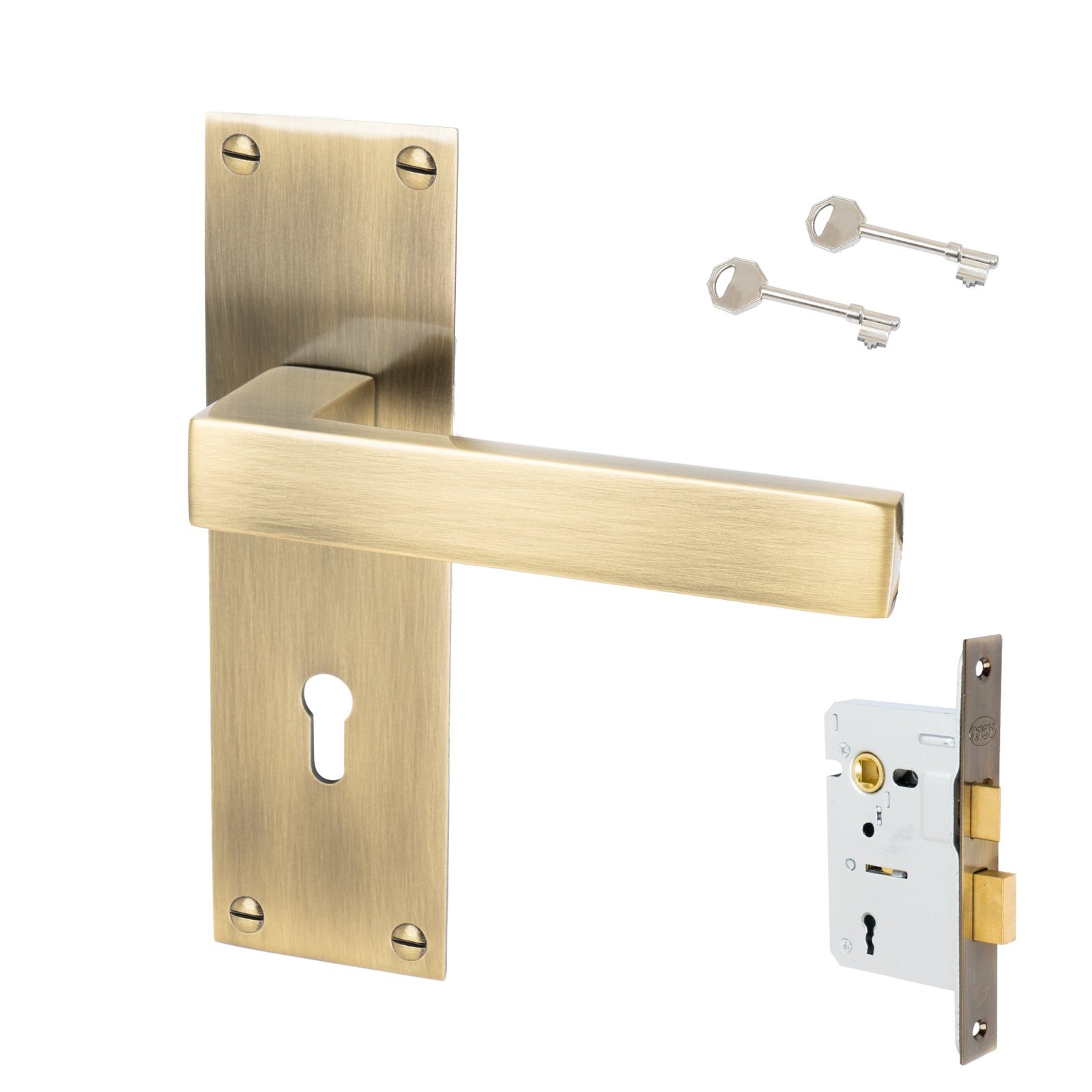 Metro Door Handles On Plate Lock Handle Set in Aged Brass