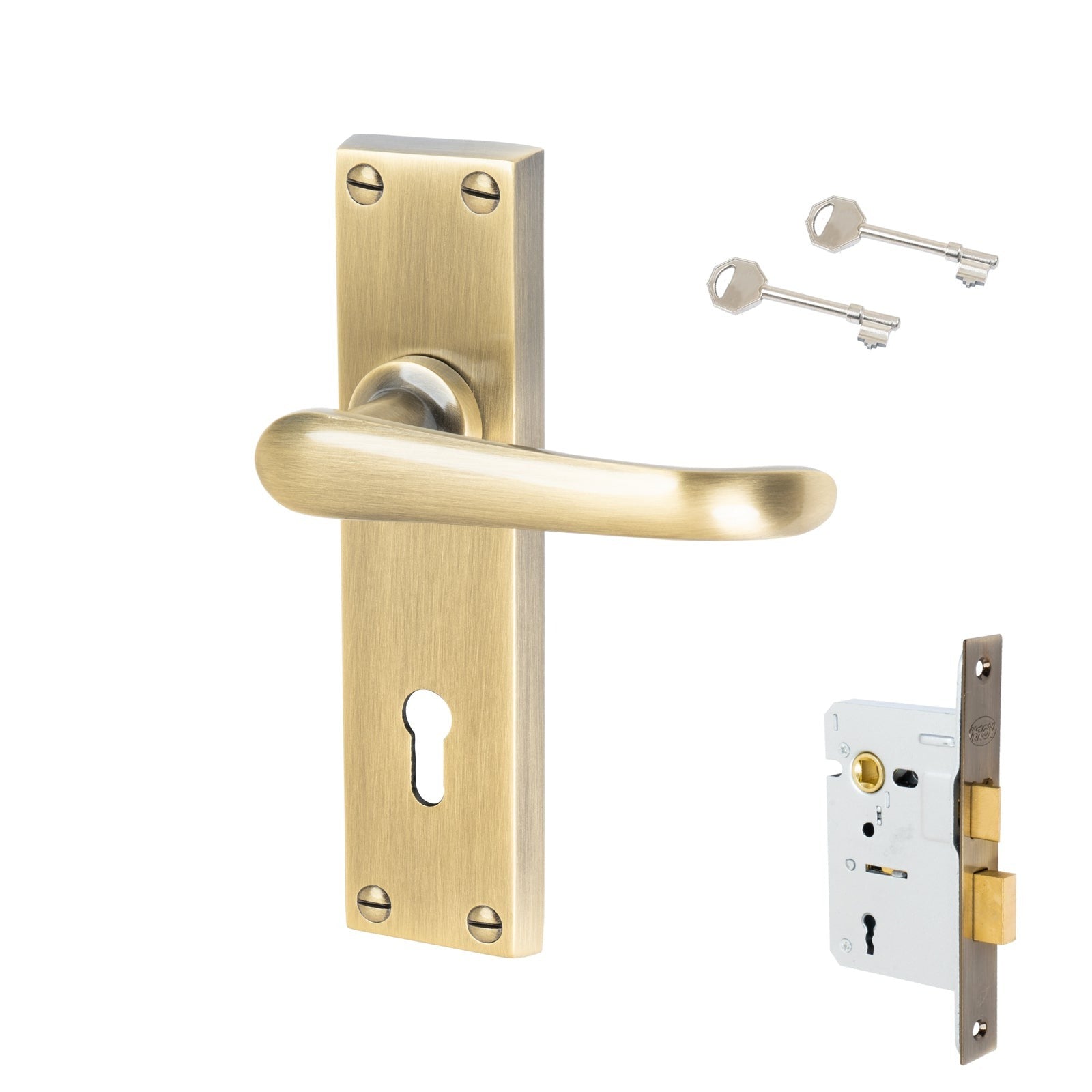 Windsor Door Handles On Plate 5 Lever Lock Handle Set in Aged Brass