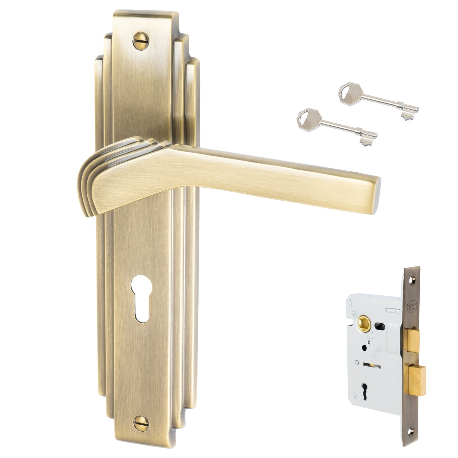 Tiffany Door Handles On Plate Lock Handle Set in Aged Brass