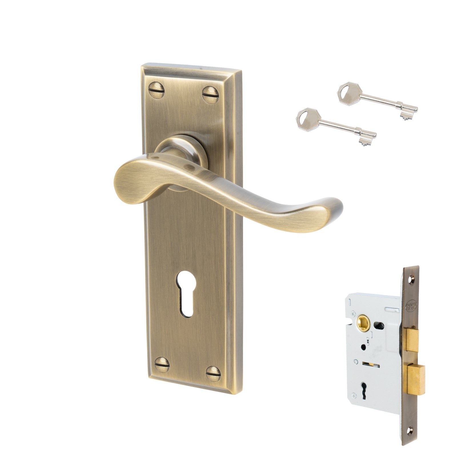 Edwardian Door Handles On Plate Lock Handle Set in Aged Brass