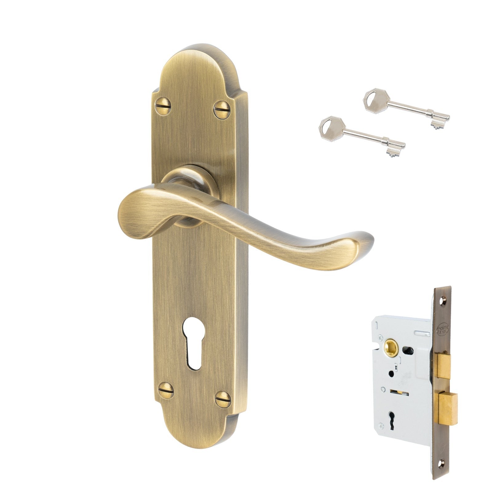 Savoy Door Handles On Plate Lock Handle Set in Aged Brass