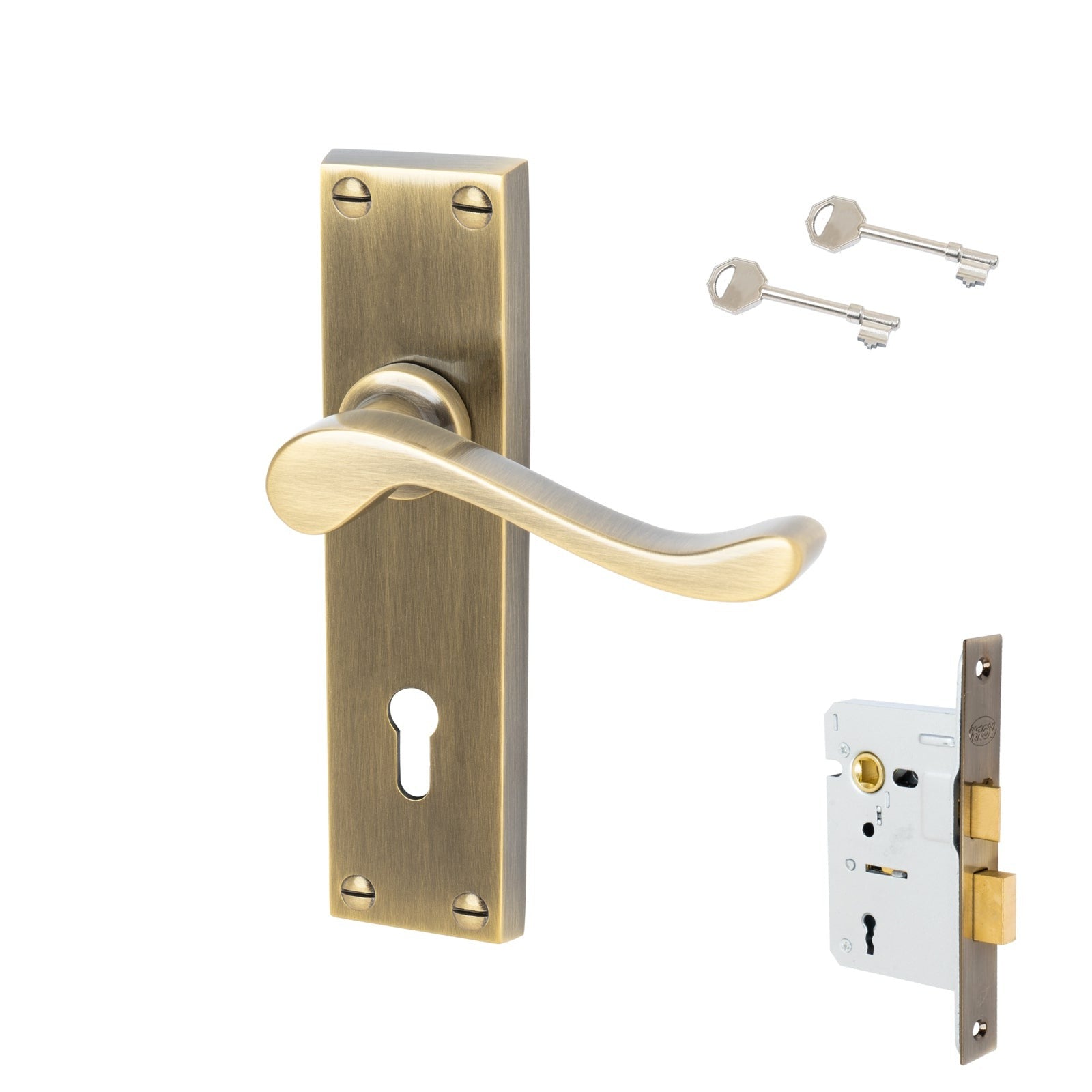 Bedford Door Handles On Plate Lock Handle Set in Aged Brass