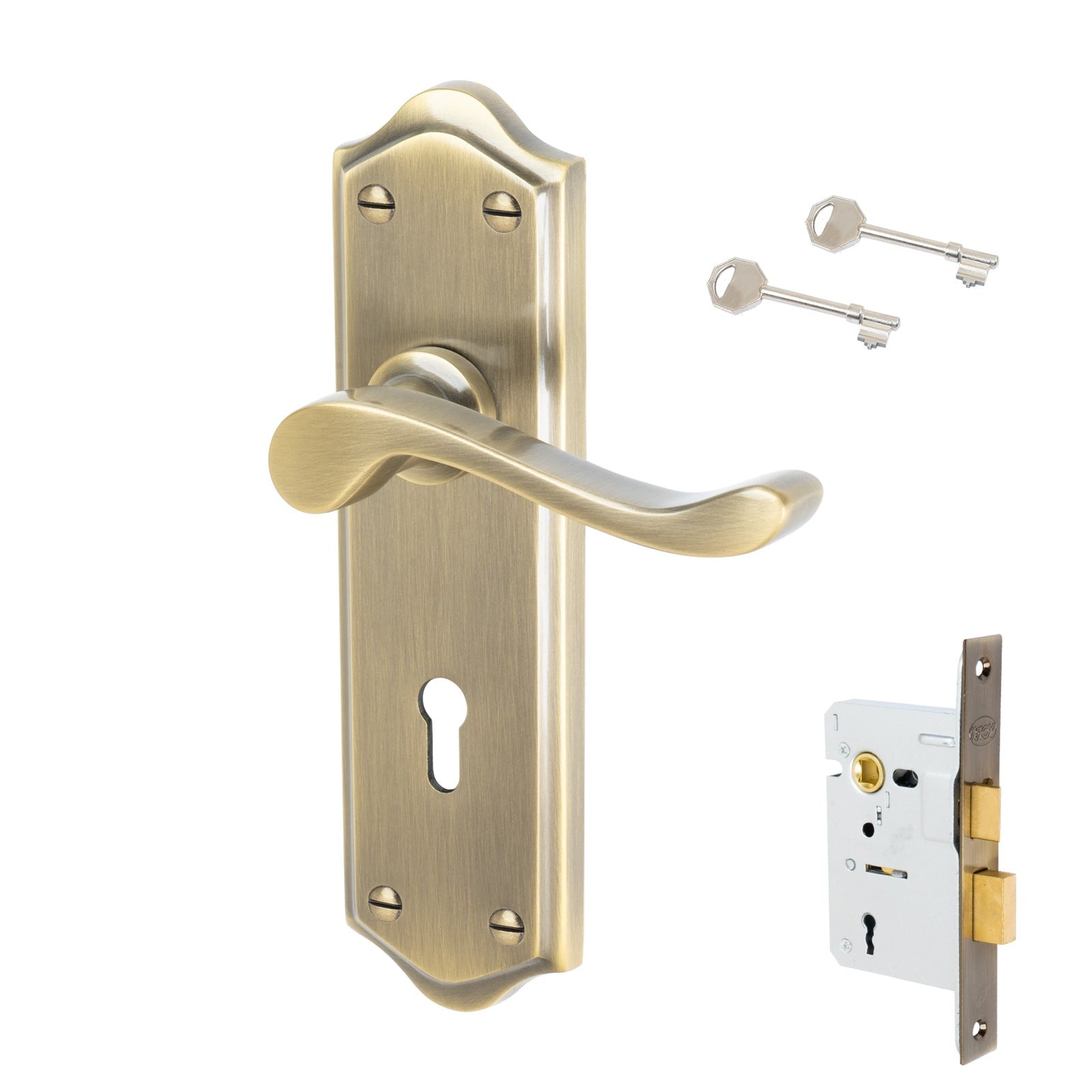 Buckingham Door Handles On Plate Lock Handle Set in Aged Brass