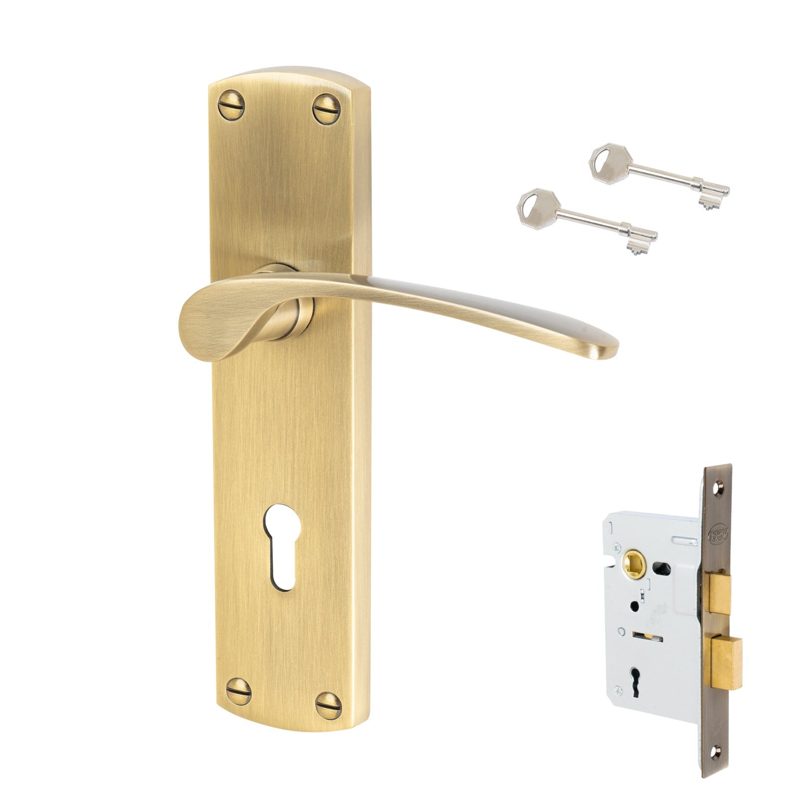 Diplomat Door Handles On Plate Lock Handle Set in Aged Brass