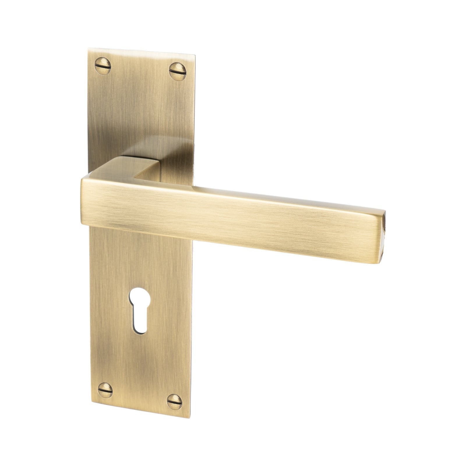 Metro Door Handles On Plate Lock Handle in Aged Brass 