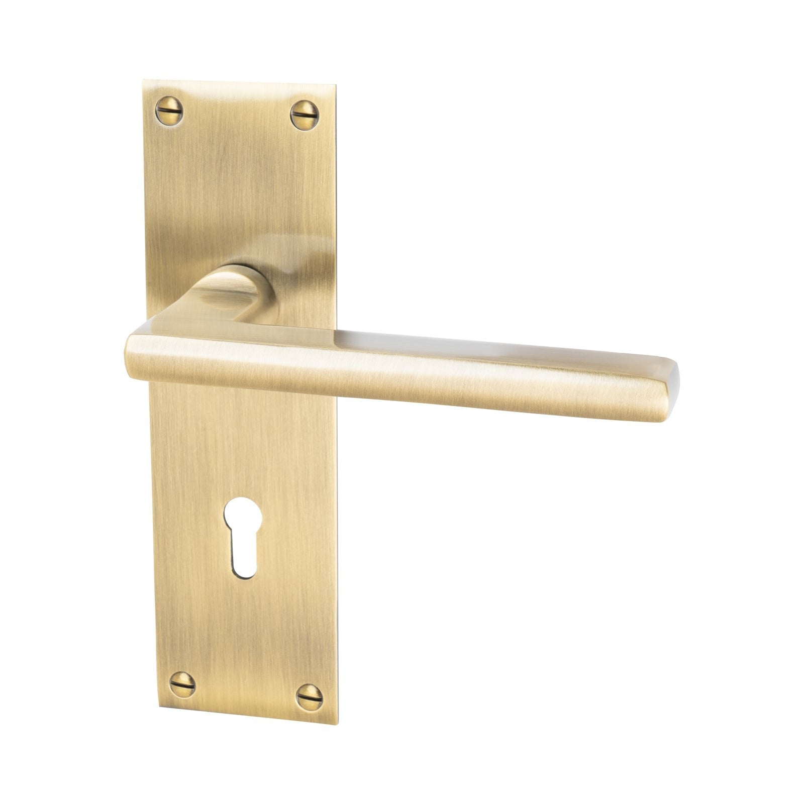 Trident Door Handles On Plate Lock Handle in Aged Brass 