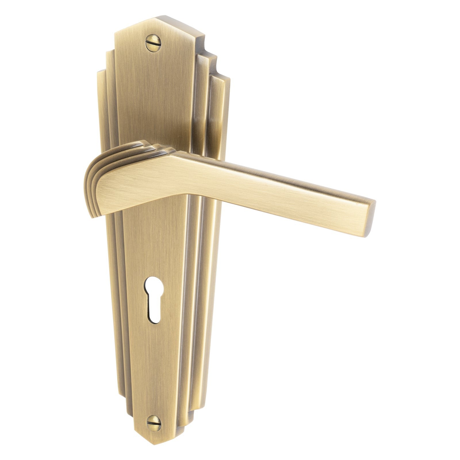Waldorf Door Handles On Plate Lock Handle in Aged Brass 