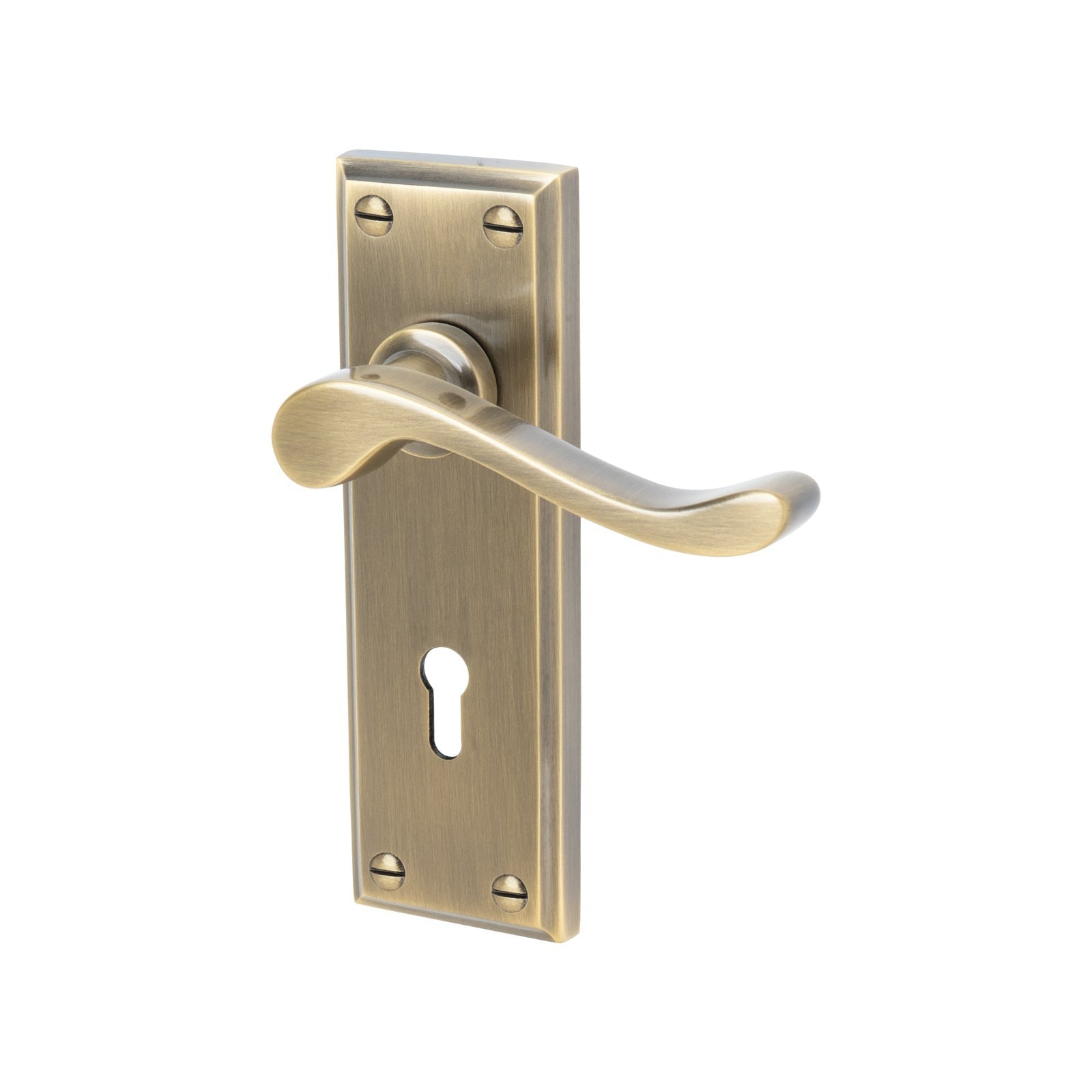 Edwardian Door Handles On Plate Lock Handle in Aged Brass 