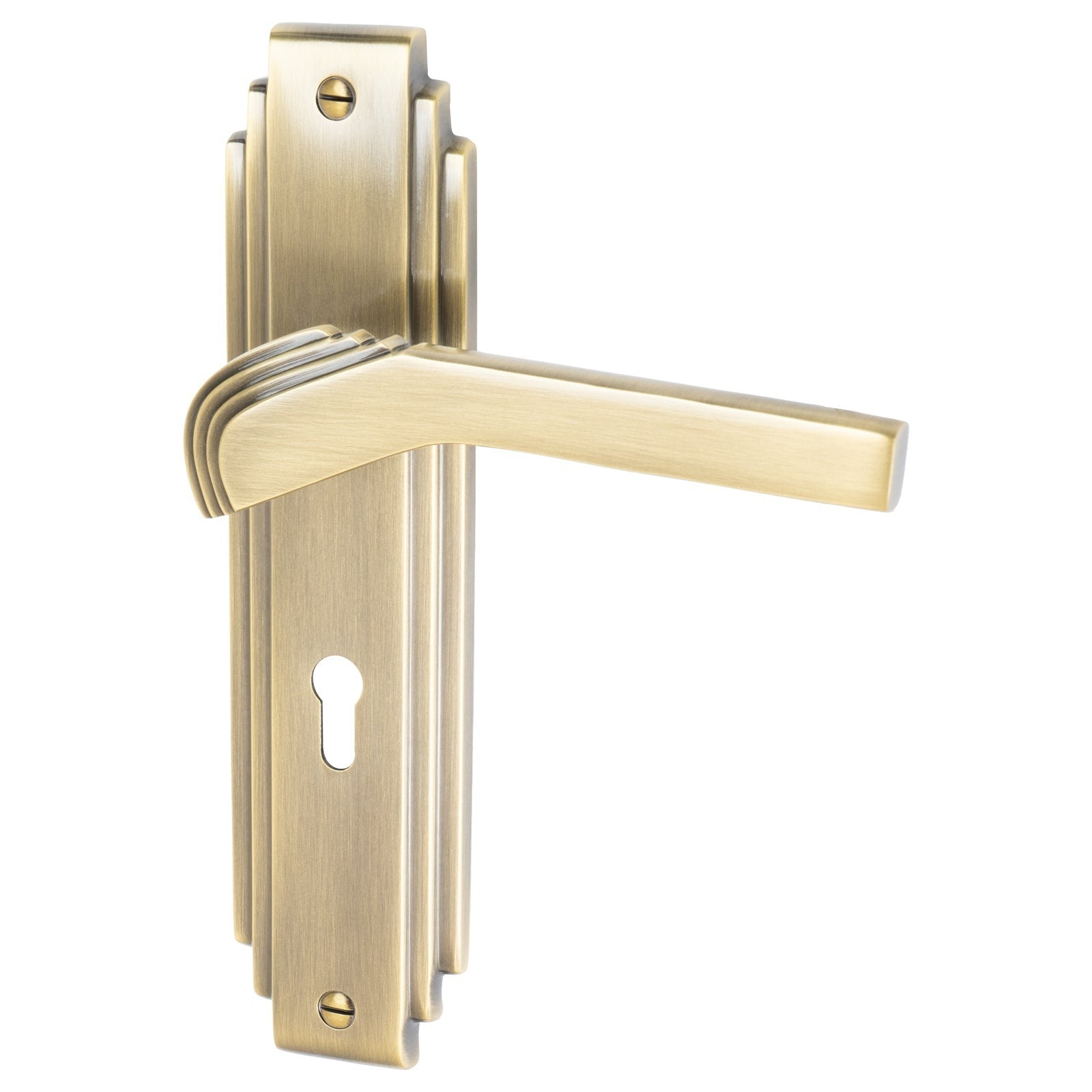 Tiffany Door Handles On Plate Lock Handle in Aged Brass 