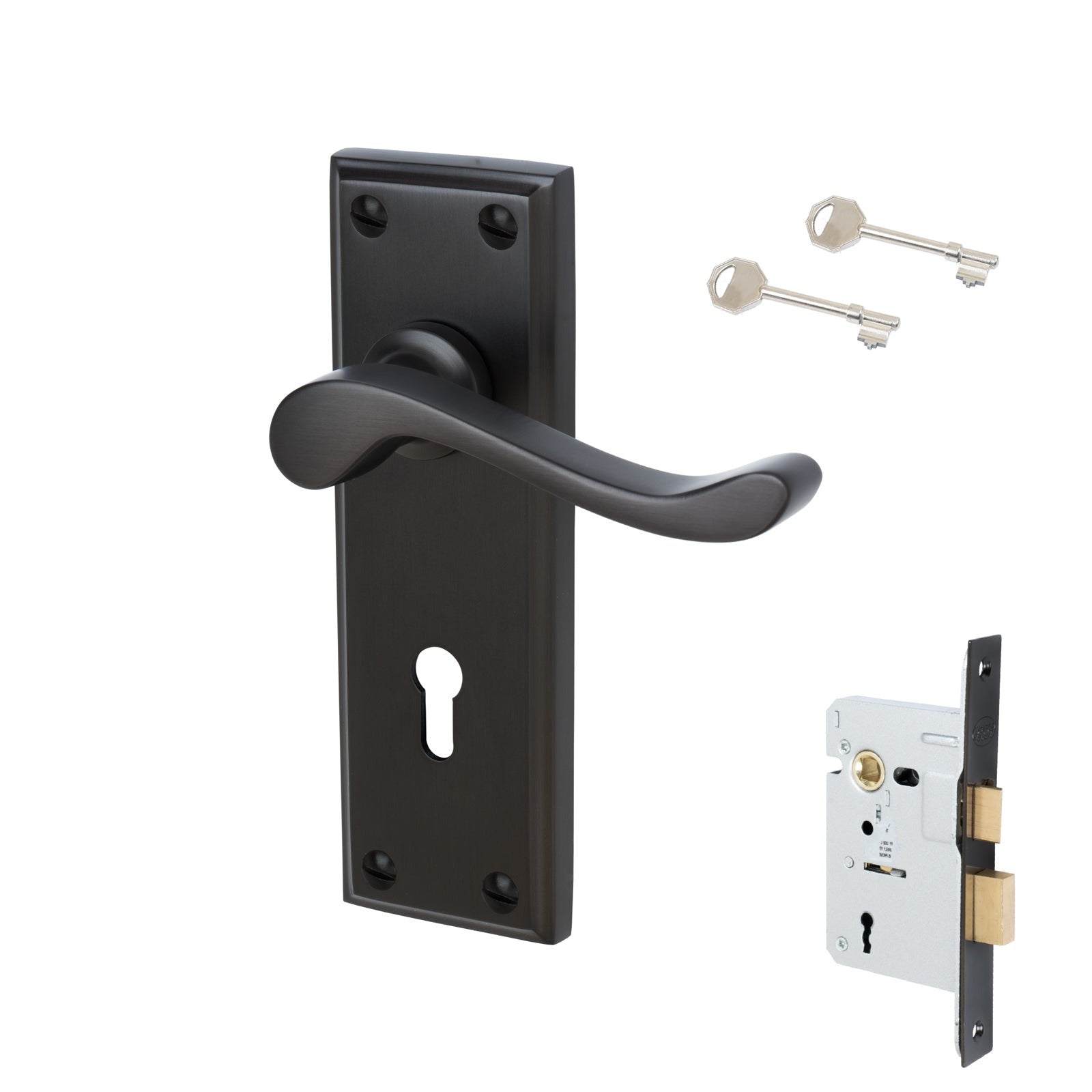 Edwardian Door Handles On Plate Lock Handle Set in Matt Bronze 