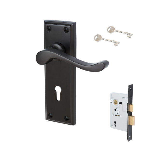 Edwardian Door Handles On Plate Lock Handle Set in Matt Bronze 