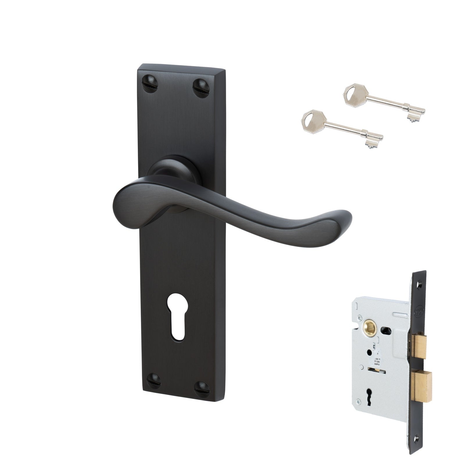 Bedford Door Handles On Plate Lock Handle Set in Matt Bronze 
