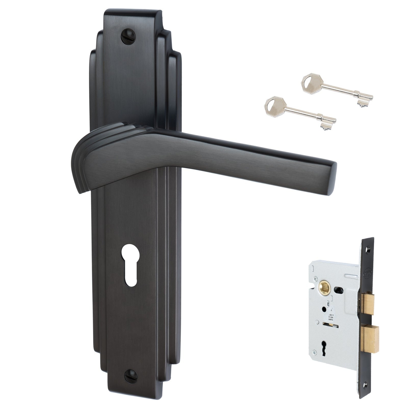 Tiffany Door Handles On Plate Lock Handle Set in Matt Bronze 