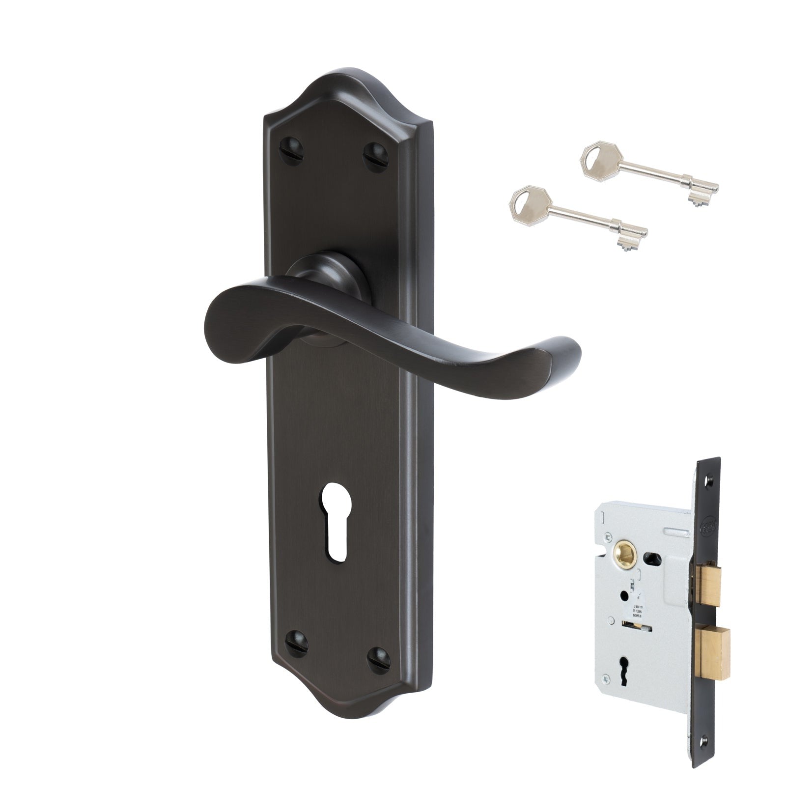 Buckingham Door Handles On Plate Lock Handle Set in Matt Bronze 