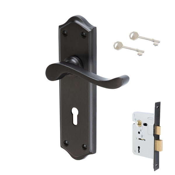 Buckingham Door Handles On Plate Lock Handle Set in Matt Bronze 