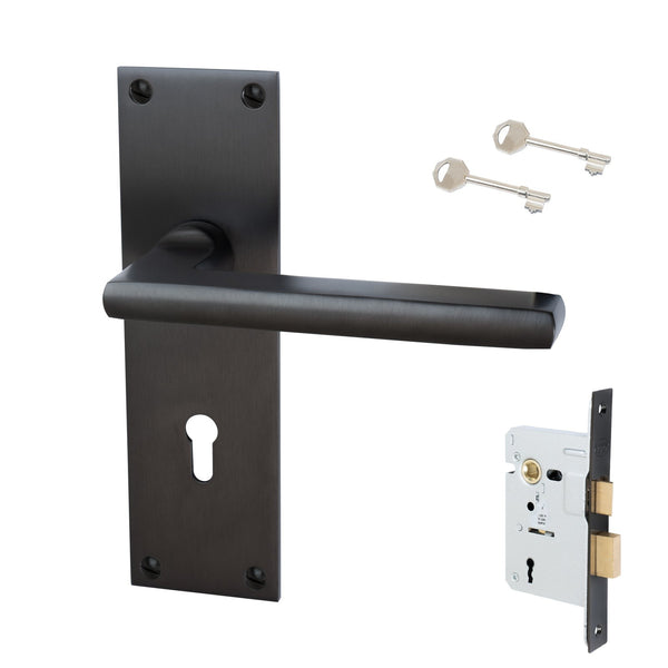 Trident Door Handles On Plate Lock Handle Set in Matt Bronze 