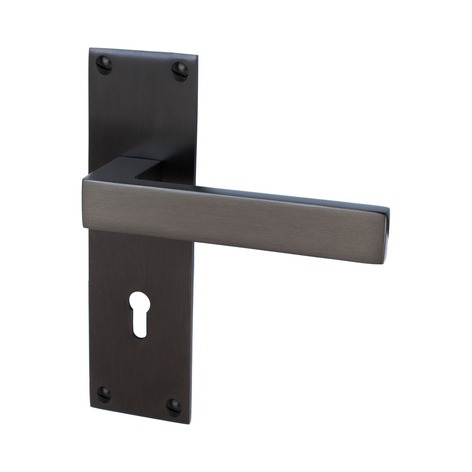 Metro Door Handles On Plate Lock Handle in Matt Bronze 