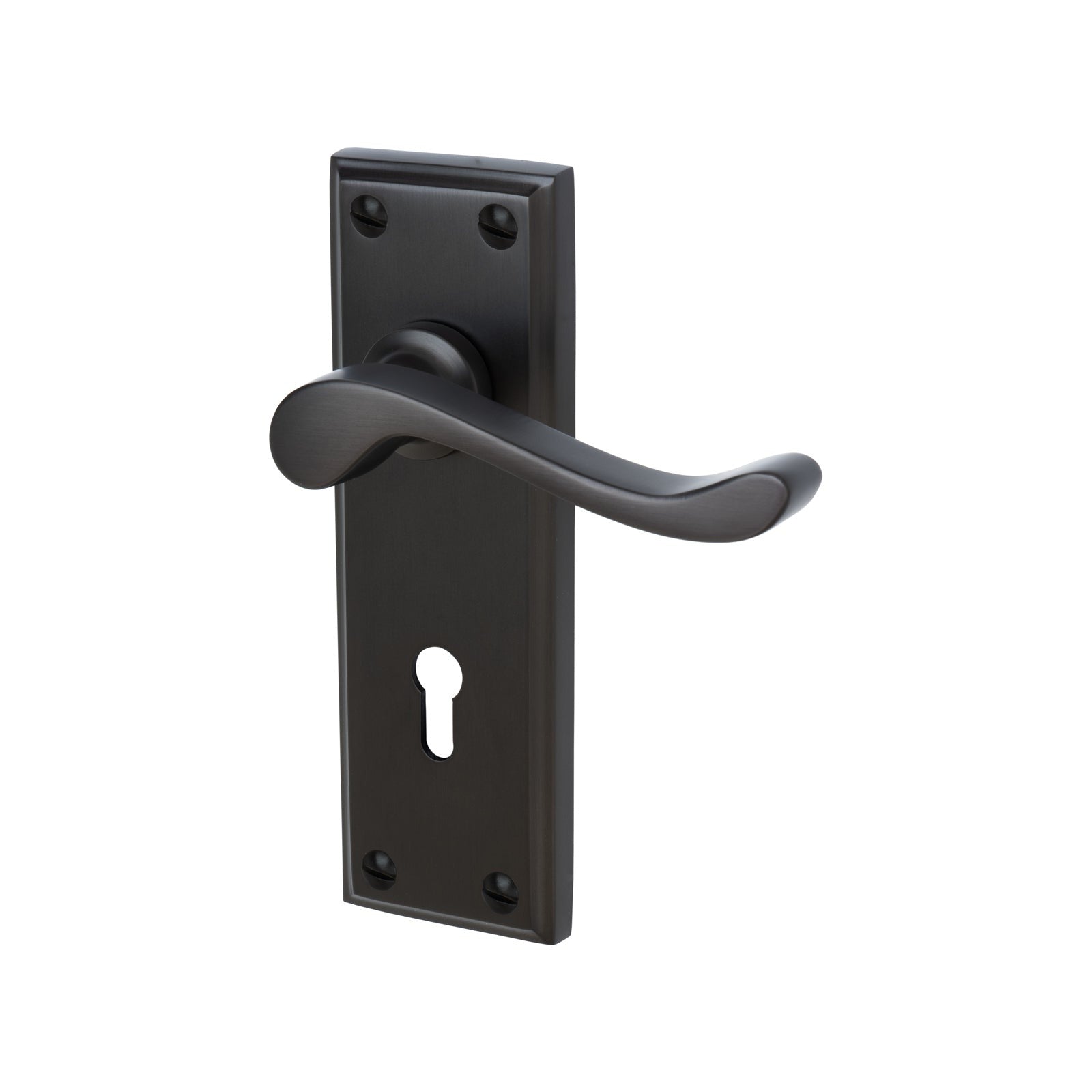 Edwardian Door Handles On Plate Lock Handle in Matt Bronze 
