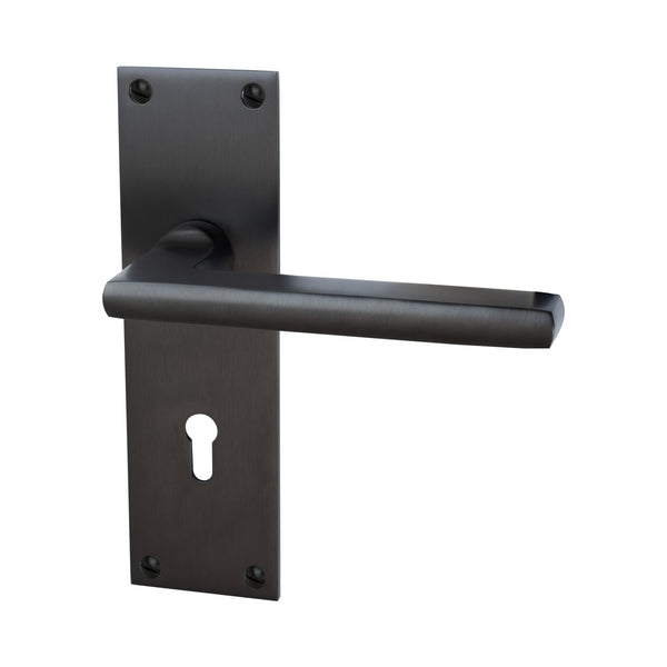 Trident Door Handles On Plate Lock Handle in Matt Bronze 