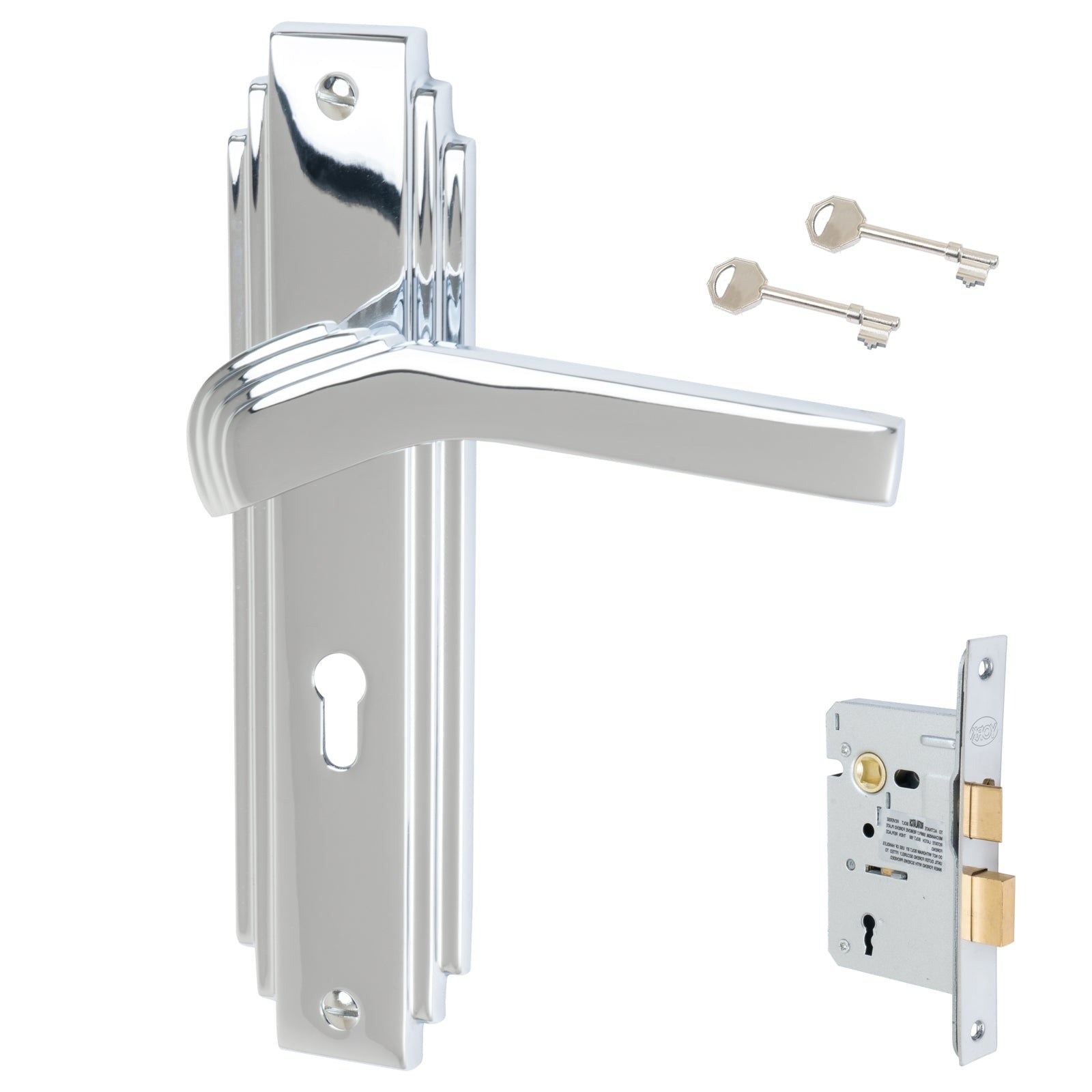 Tiffany Door Handles On Plate Lock Handle Set in Polished Chrome