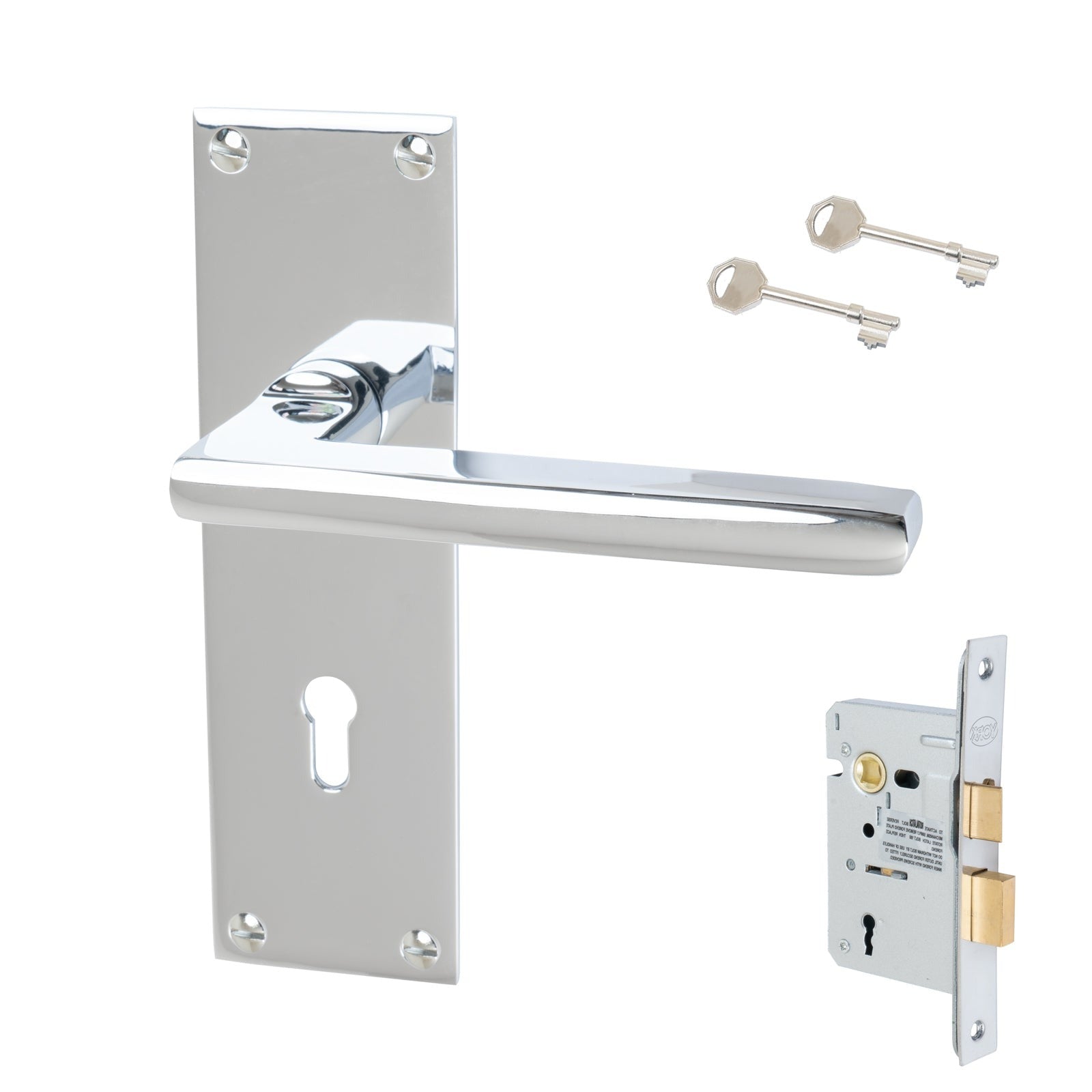 Trident Door Handles On Plate Lock Handle Set in Polished Chrome