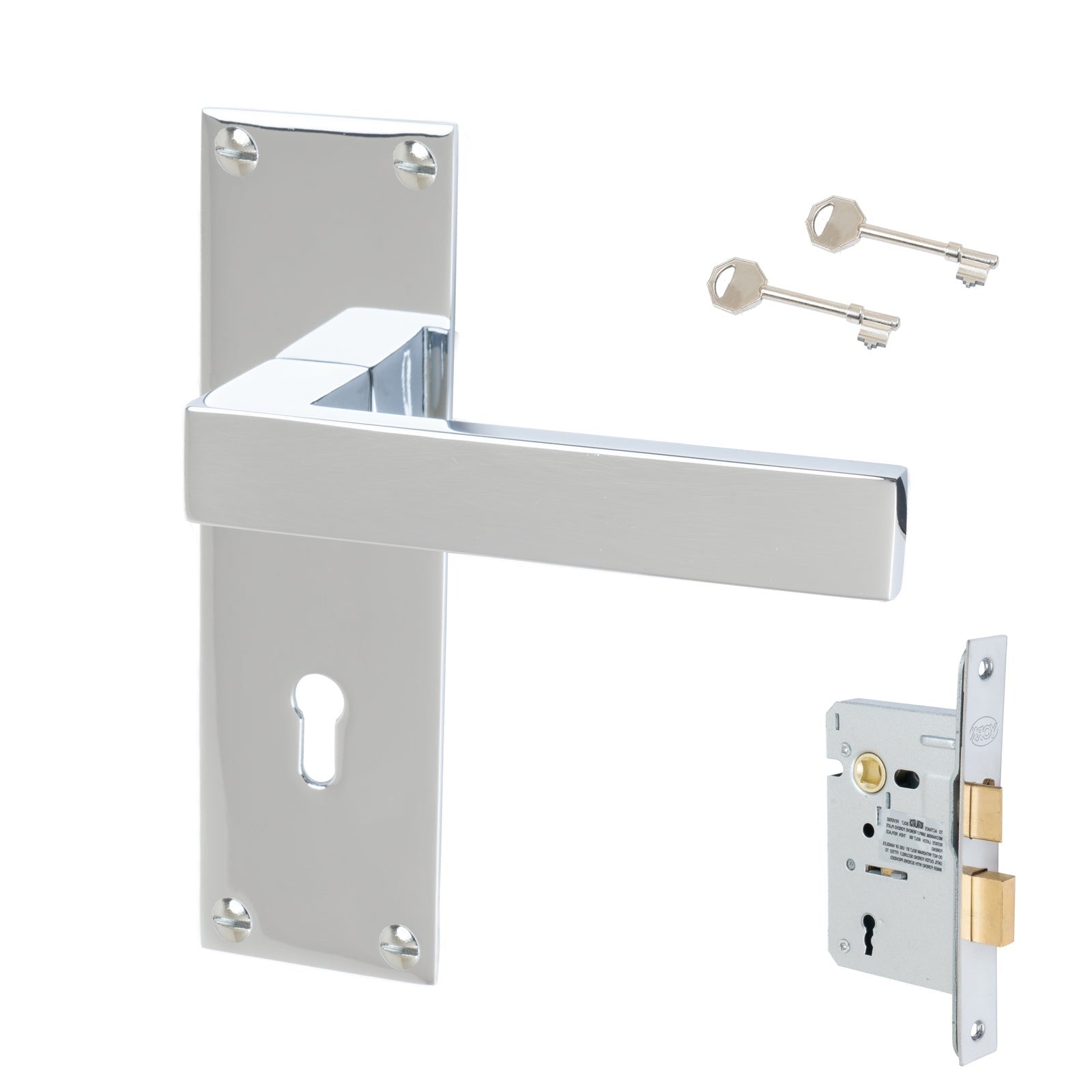 Metro Door Handles On Plate Lock Handle Set in Polished Chrome