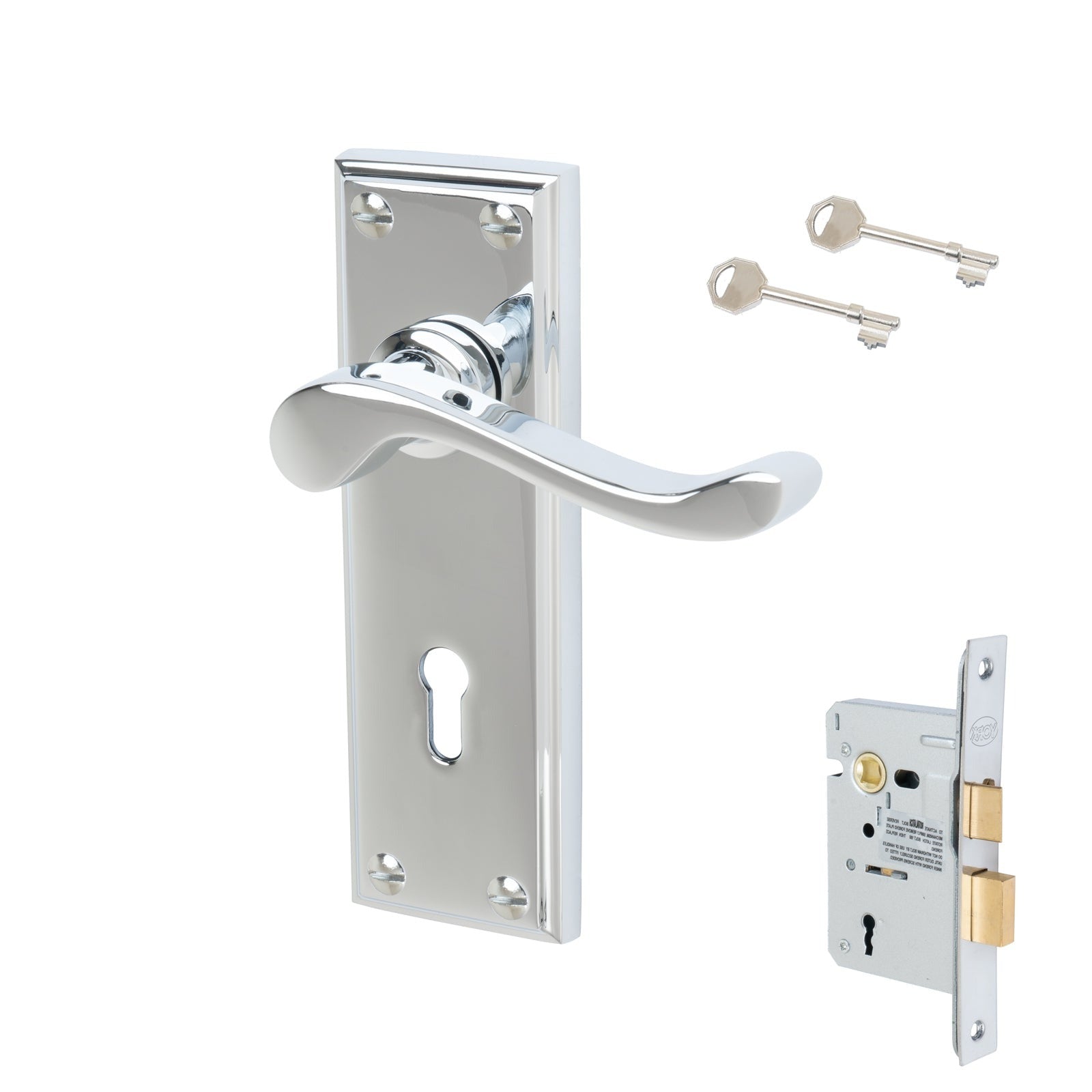 Edwardian Door Handles On Plate Lock Handle Set in Polished Chrome
