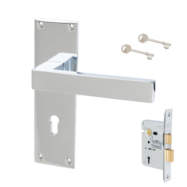 Metro Door Handles On Plate Lock Handle Set in Polished Chrome