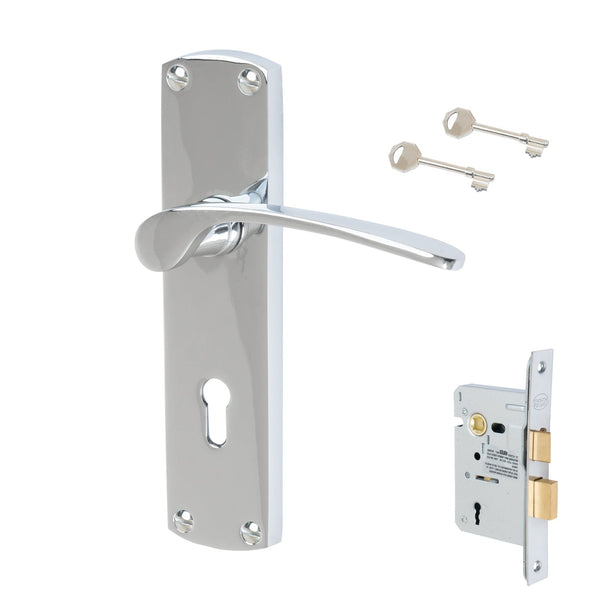 Diplomat Door Handles On Plate Lock Handle Set in Polished Chrome