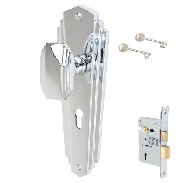 Charlston Door Handles On Plate Lock Handle Set in Polished Chrome